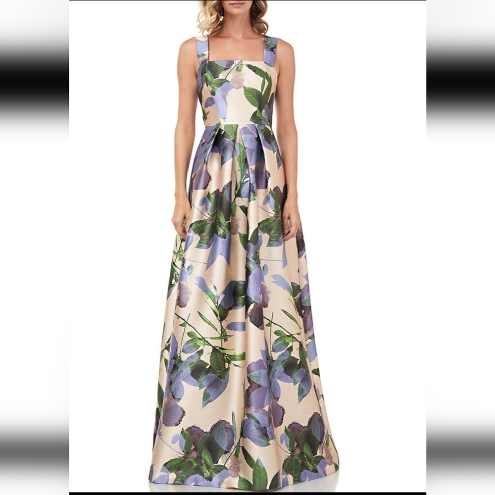 Brittney Printed Floral Mikado Wide Strap Pleated Gown  Size 16 - altered 12